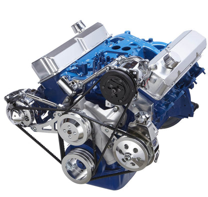 CVF Racing polished V-belt A/C, alternator and Saginaw power steering system for Ford FE 390, 427 and 428, 390-AC-SYSTEM-S