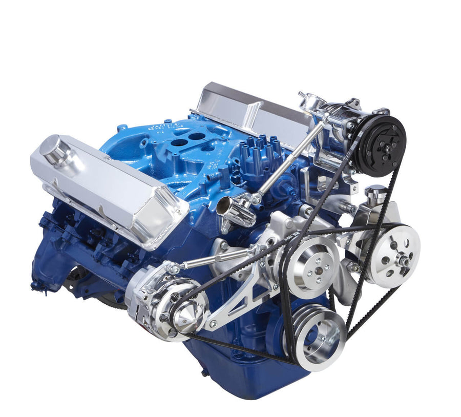 CVF Racing polished V-belt A/C, alternator and Saginaw power steering system for Ford FE 390, 427 and 428, 390-AC-SYSTEM-S