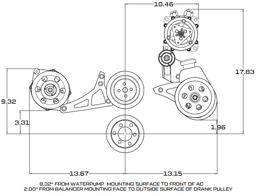 CVF Racing Stealth Black V-belt alternator and Saginaw power steering system for Ford FE 390, 427 and 428, B-390-PS-SYSTEM-S