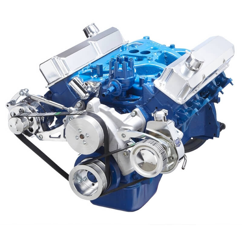 CVF Racing polished BEAST serpentine conversion kit with alternator and power steering for Ford FE 390, 427 and 428, 390-SERPENTINE-PS