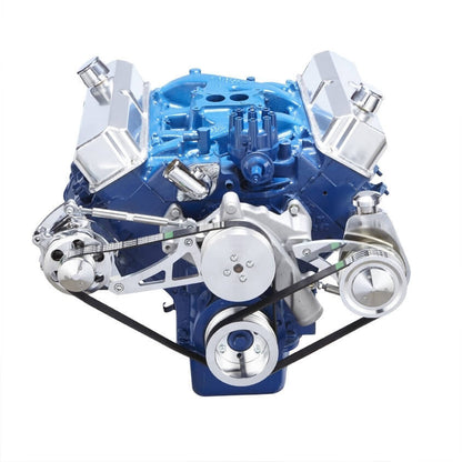 CVF Racing polished BEAST serpentine conversion kit with alternator and power steering for Ford FE 390, 427 and 428, 390-SERPENTINE-PS