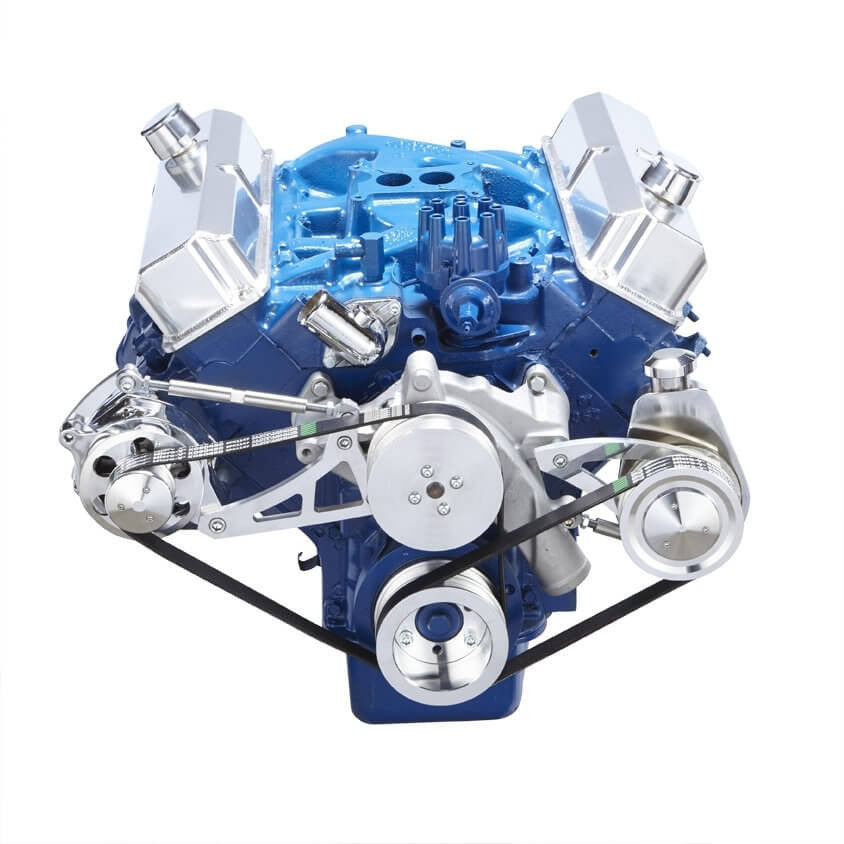 CVF Racing polished BEAST serpentine conversion kit with alternator and power steering for Ford FE 390, 427 and 428, 390-SERPENTINE-PS