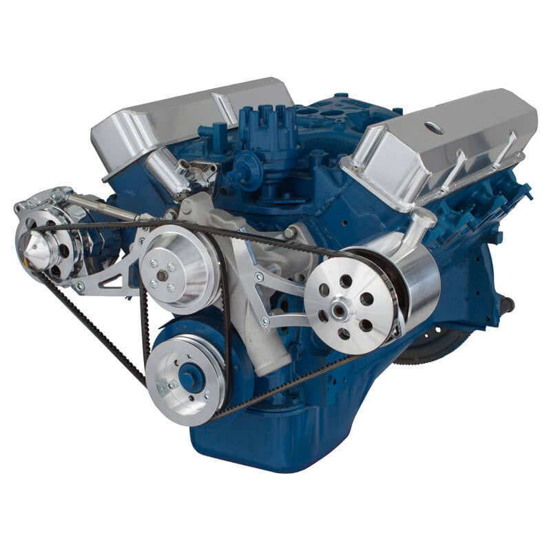 CVF Racing polished V-belt alternator and Ford power steering system for Ford FE 390, 427 and 428, 390-PS-SYSTEM-F