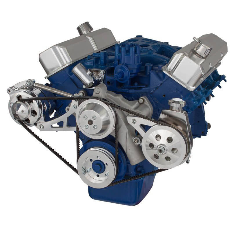 CVF Racing polished V-belt alternator and Saginaw power steering system for Ford FE 390, 427 and 428, 390-PS-SYSTEM-S
