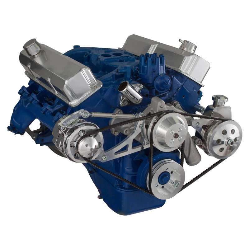 CVF Racing polished V-belt alternator and Saginaw power steering system for Ford FE 390, 427 and 428, 390-PS-SYSTEM-S