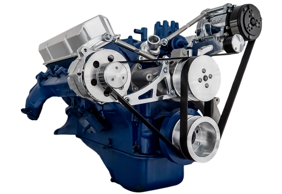 CVF Racing polished BEAST serpentine conversion kit with alternator and A/C for Ford FE 390, 427 and 428, 390-SERPENTINE-AC-ONLY