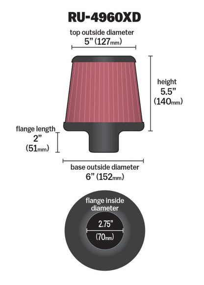K&N Universal Air Filter | Round Tapered, 2.75in Flange, 5.5in Tall | RU-4960XD