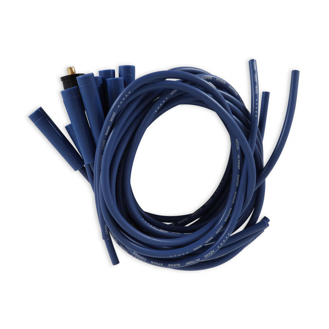 Spark Plug Wire Set Super Stock Copper Spiral Core 8MM Blue This Super Stock Spark Plug Wire Set Has A Copper Spiral Core, 8MM Diameter And A Blue Silicone Jacket ACCEL