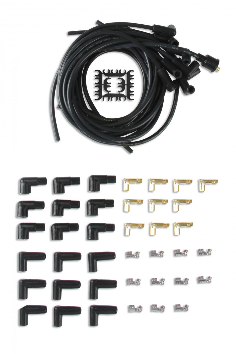 Spark Plug Wire Set- 8MM Black Wire With Black 90 Deg Boots 8MM Super Stock Graphite Core Universal Fit Spark Plug Wire Set Feature Graphite Rfi/Emi Suppression Technology ACCEL