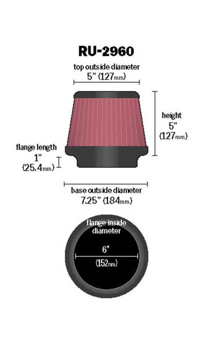 K&N Universal Air Filter | Round Tapered, 6in Flange, 5in Tall | RU-2960