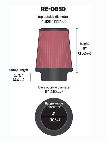 K&N Universal Air Filter | Round Tapered, 4in Flange, 6in Tall | RE-0850