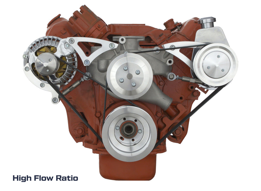 CVF Racing polished BEAST 8 rib serpentine conversion kit with alternator and power steering for Chrysler big block 383, 400, 426 and 440, 440-SERPENTINE-PS