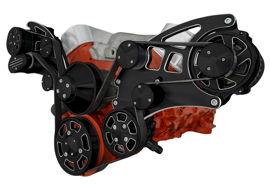 CVF Racing Black Diamond Wraptor wide mount serpentine system for Gen VI Big Block Chevy 454 (7.4L) built from 1996 to 2000, BD-454W-WRAPTOR-G6