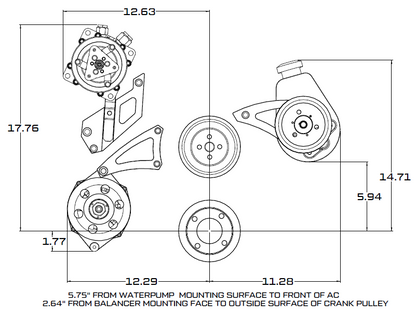 CVF Racing stealth black V-belt pulley and bracket system with A/C, alternator and power steering for Ford 429 and 460 big block, B-460-AC-SYSTEM