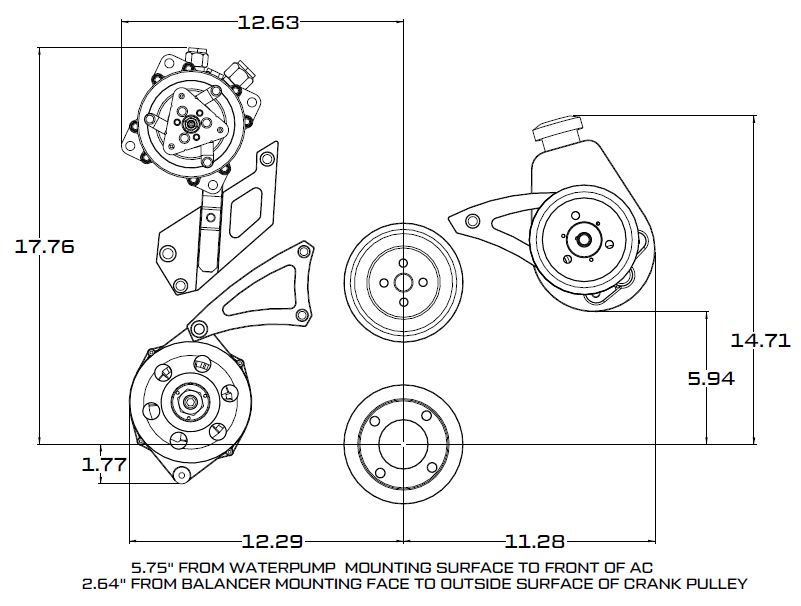 CVF Racing polished V-belt pulley and bracket system with A/C, alternator and power steering for Ford 429 and 460 big block, 460-AC-SYSTEM