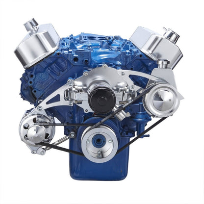 CVF Racing polished BEAST 8-rib serpentine conversion kit, alternator & power steering, for Ford 429 and 460 big block, 460-SERPENTINE-PS-EWP