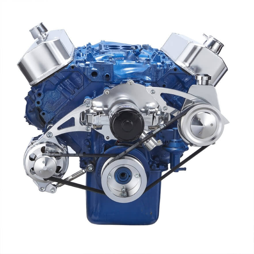 CVF Racing polished BEAST 8-rib serpentine conversion kit, alternator & power steering, for Ford 429 and 460 big block, 460-SERPENTINE-PS-EWP