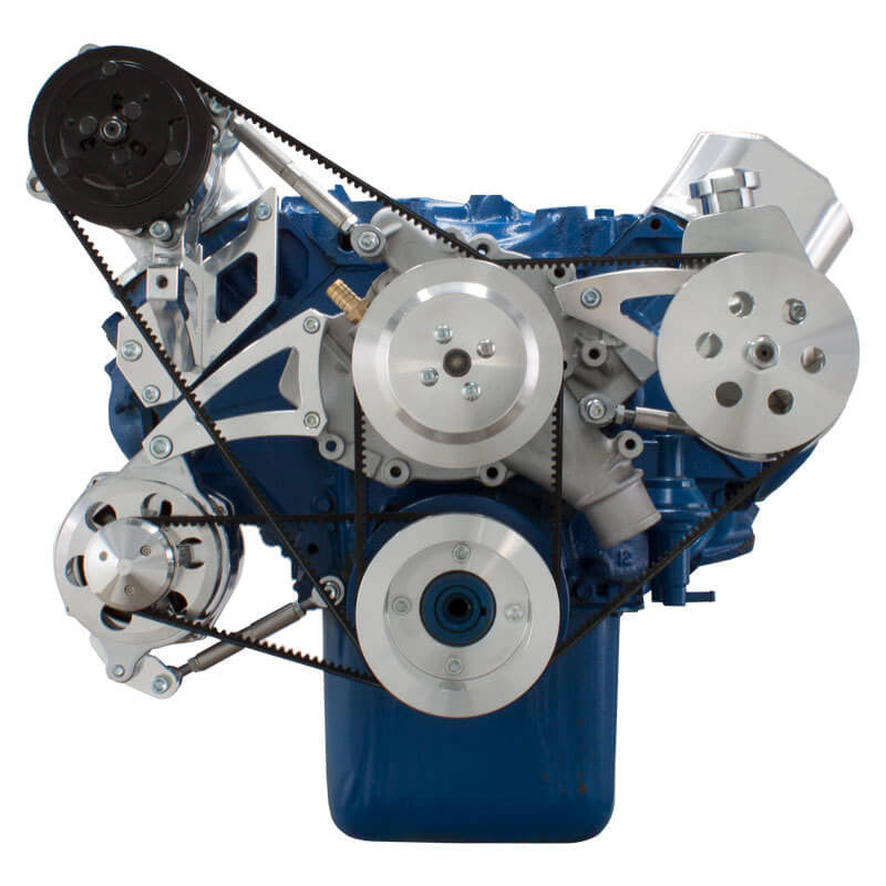CVF Racing polished V-belt pulley and bracket system with A/C, alternator and power steering for Ford 429 and 460 big block, 460-AC-SYSTEM