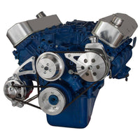 CVF Racing polished V-belt power steering and low mount alternator system for Ford 429 and 460 big block, 460-PS-SYSTEM-L