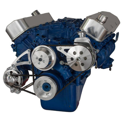CVF Racing polished V-belt power steering and low mount alternator system for Ford 429 and 460 big block, 460-PS-SYSTEM-L