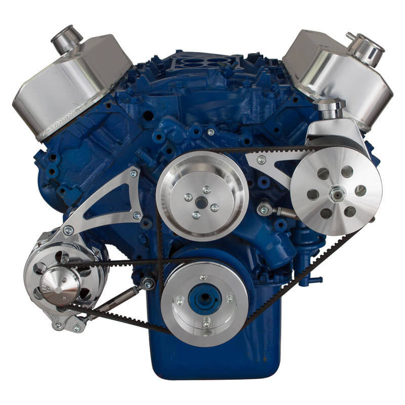 CVF Racing polished V-belt power steering and low mount alternator system for Ford 429 and 460 big block, 460-PS-SYSTEM-L