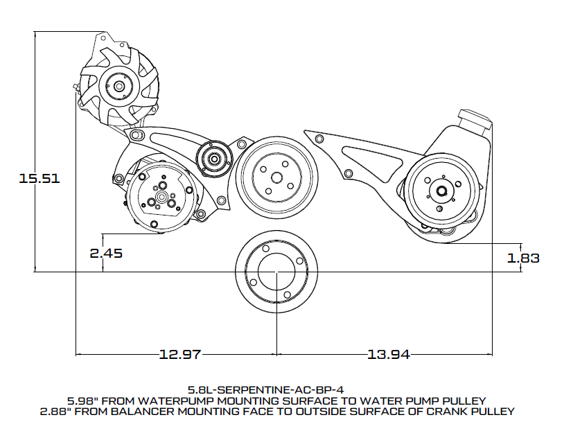 CVF Racing Stealth Black BEAST 8-rib serpentine conversion kit with A/C, alternator and power steering for Ford 5.8L, B-5.8L-SERPENTINE-AC-BP