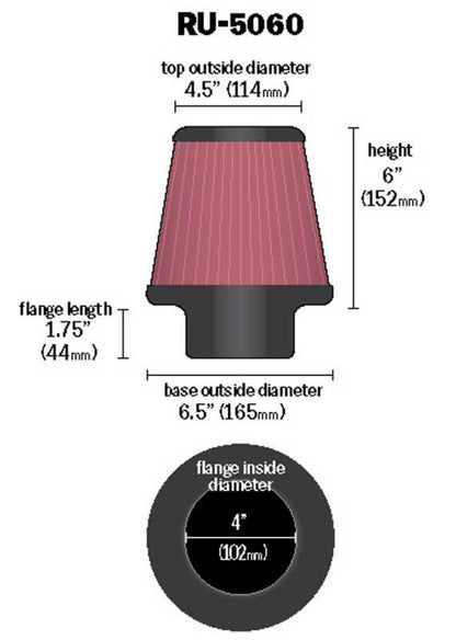K&N Universal Air Filter | Round Tapered, 4in Flange, 6in Tall | RU-5060