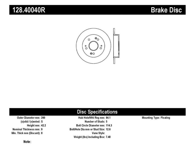 StopTech 06-07 Acura CSX (Canada) / 06-09 Honda Civic / 97-01 Prelude Drilled Right Rear Rotor