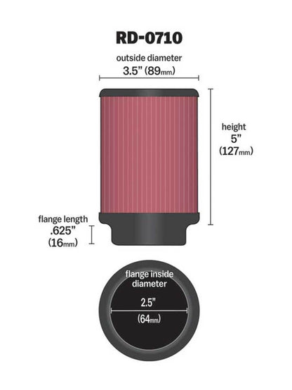 K&N Universal Air Filter | Round, 2.5in Flange, 5in Tall | RD-0710