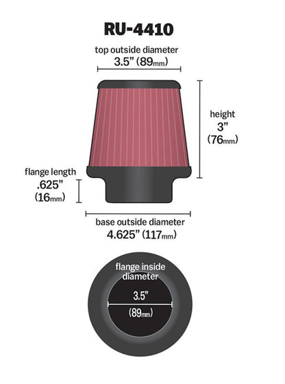 K&N Universal Air Filter | Round Tapered, 3.5in Flange, 3in Tall | RU-4410