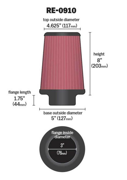 K&N Universal Air Filter | Round Tapered, 3in Flange, 8in Tall | RE-0910