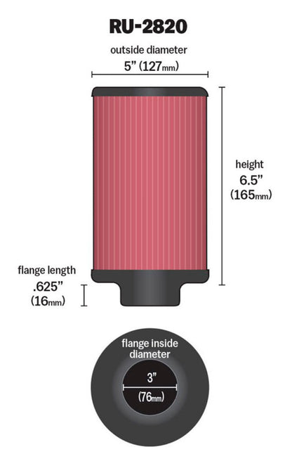 K&N Universal Air Filter | Round, 3in Flange, 6.5in Tall | RU-2820