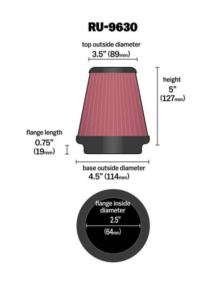 K&N Universal Air Filter | Round Tapered, 2.5in Flange, 5in Tall | RU-9630