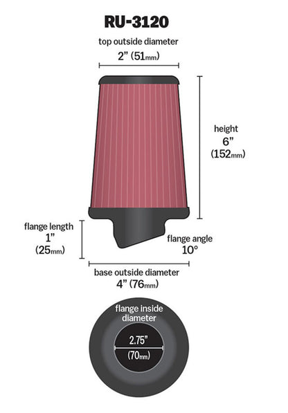 K&N Universal Air Filter | Round Tapered, 2.75in Flange, 6in Tall | RU-3120
