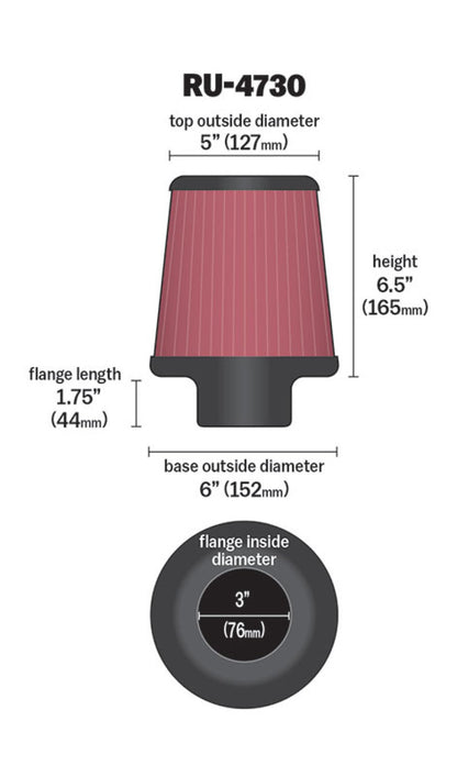 K&N Universal Air Filter | Round Tapered, 3in Flange, 6.5in Tall | RU-4730
