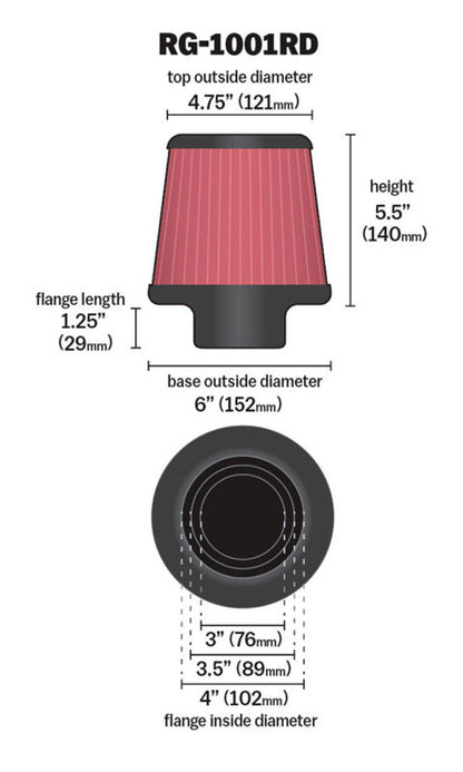 K&N Universal Air Filter | Round Tapered, 4in Flange, 5.5in Tall | RG-1001RD