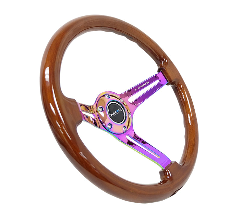 NRG Reinforced Steering Wheel (350mm / 3in. Deep) Brown Wood w/Blk Matte Spoke/Neochrome Center Mark