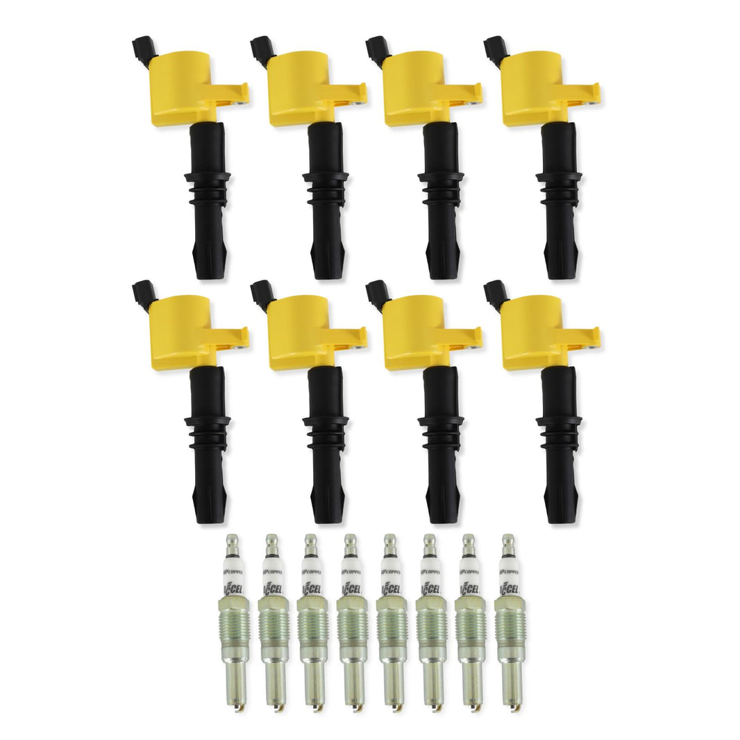 Ignition Upgrade Kit- 2004-2008 Ford 4.6L/5.4L/6.8L 3-Valve, Yellow 8-Pack Includes 8-Pack Of Hp Copper Spark Plugs (P/N 8160) & 8-Pack Of Ignition Coil (P/N 140033-8) ACCEL