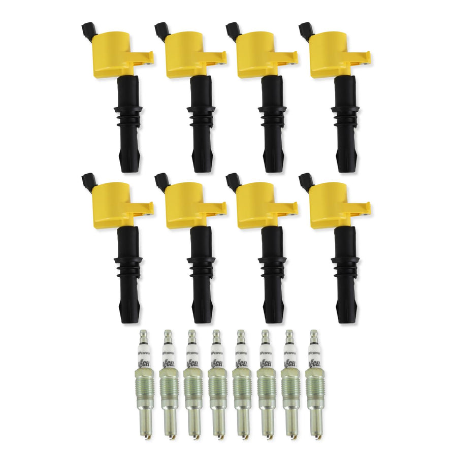 Ignition Upgrade Kit- 2004-2008 Ford 4.6L/5.4L/6.8L 3-Valve, Yellow 8-Pack Includes 8-Pack Of Hp Copper Spark Plugs (P/N 8160) & 8-Pack Of Ignition Coil (P/N 140033-8) ACCEL