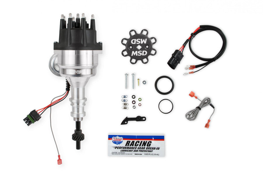 Distributor, Ford 289/302, Ready-To-Run, Black Cap, Steel Gear MSD'S Pro-Billet Distributor With Small Diameter Black Cap And Ready To Run W/Vacuum Advance And Steel Gear, No Ignition Box Needed MSD Ignition