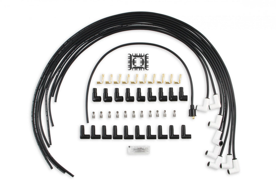 Spark Plug Wire Set Universal 90 Deg White Ceramic Boots 9001C, Spark Plug Wires, Pro Fit Ceramic, Spiral Core, 8Mm, Black, Set ACCEL