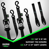 Rhino USA Heavy Duty Ratchet Tie-Downs 2-Pack (Gray) 1.6In X 8Ft