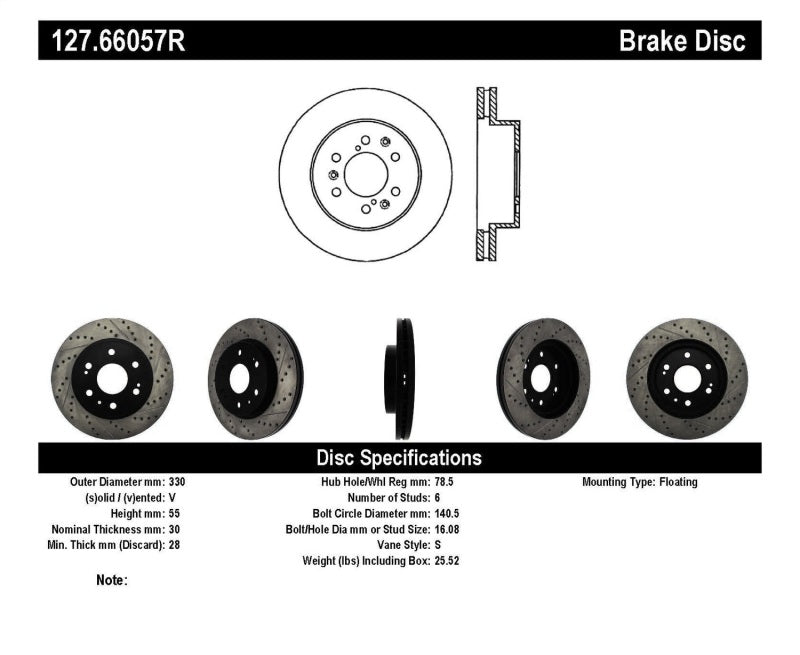 StopTech 05-10 GMC Sierra 1500 (w Rear Drum) / 07-09 GMC Yukon Front Right Slotted & Drilled Rotor