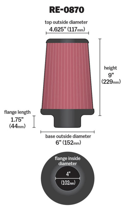 K&N Universal Air Filter | Round Tapered, 4in Flange, 9in Tall | RE-0870