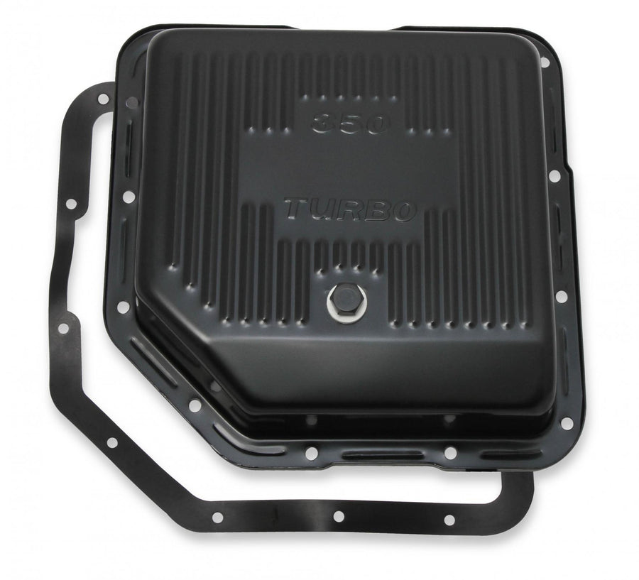 Transmission Oil Pan Black Steel Fits GM TH350 Stock Depth and Capacity Finned Design Mr Gasket