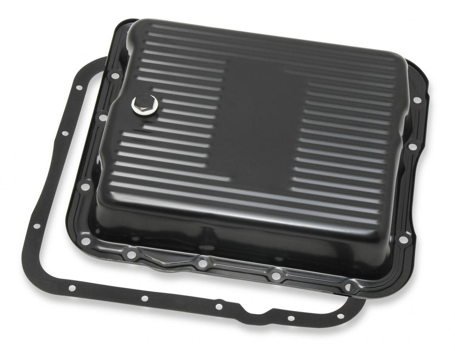 Transmission Oil Pan Black Steel Fits GM TH700R4/4L60/4L60E Stock Depth and Capacity Finned Design Mr Gasket