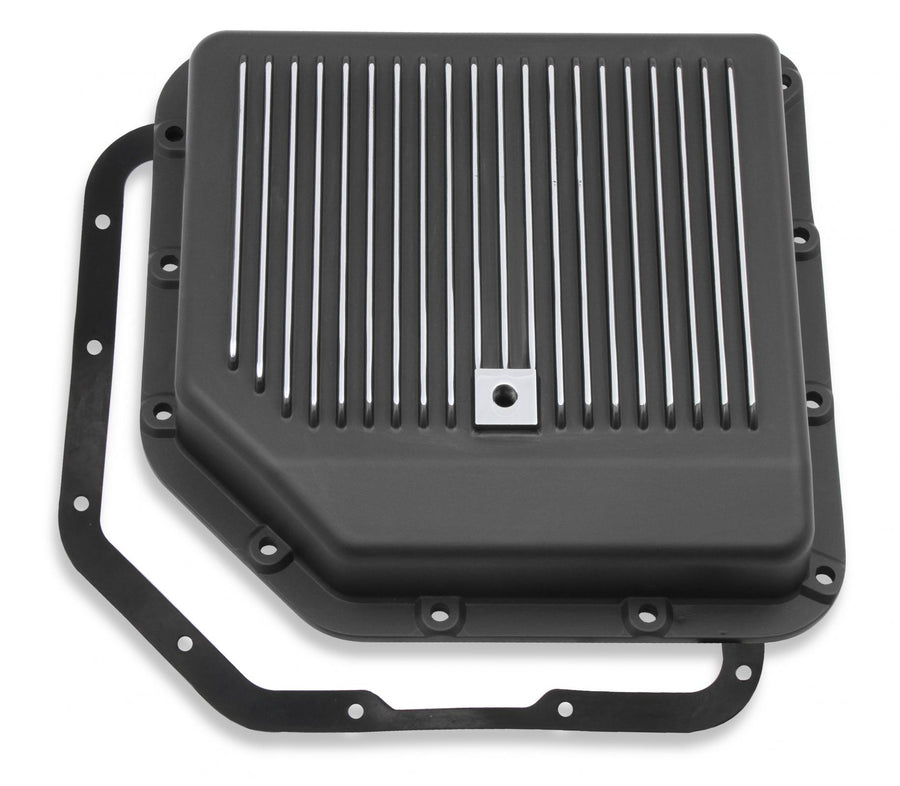 Transmission Oil Pan Black Aluminum Fits GM TH350 Stock Depth and Capacity Finned Design Mr Gasket