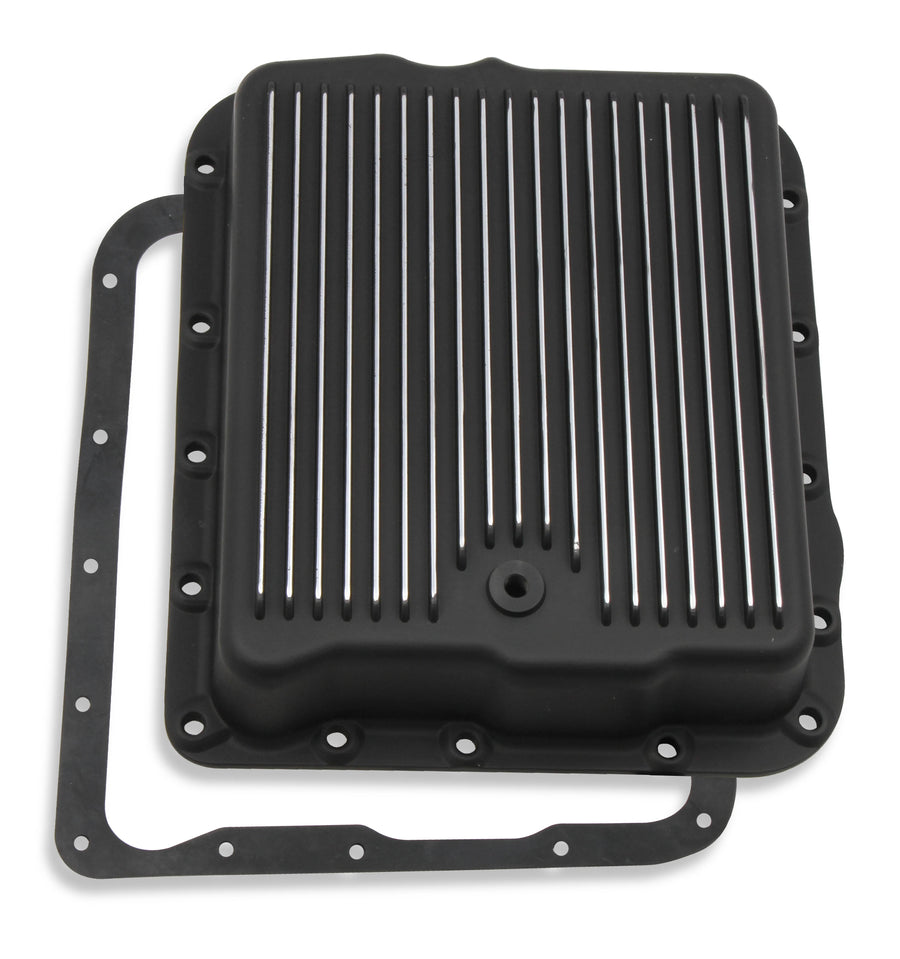 Transmission Oil Pan Black Aluminum Fits GM 700R4/4L60/4L60E Stock Depth and Capacity Finned Design Mr Gasket