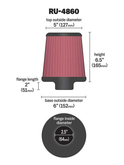 K&N Universal Air Filter | Round Tapered, 2.5in Flange, 6.5in Tall | RU-4860