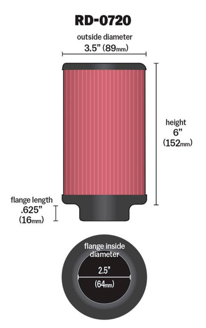 K&N Universal Air Filter | Round, 2.5in Flange, 6in Tall | RD-0720